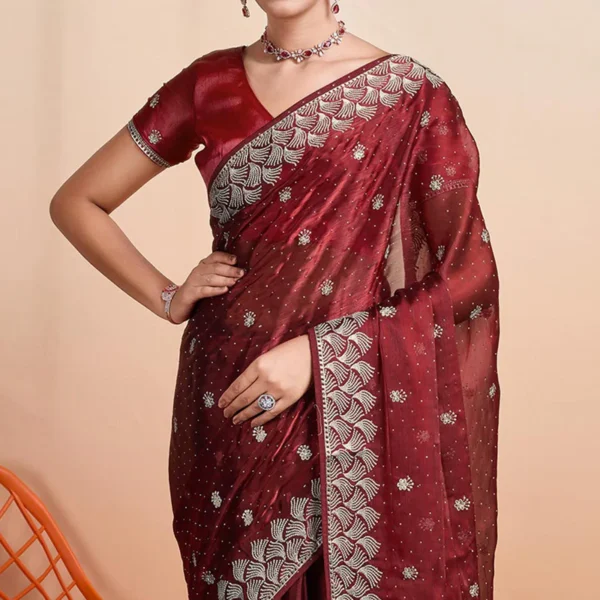 Wine Embroidered Tussar Silk Saree - Image 6