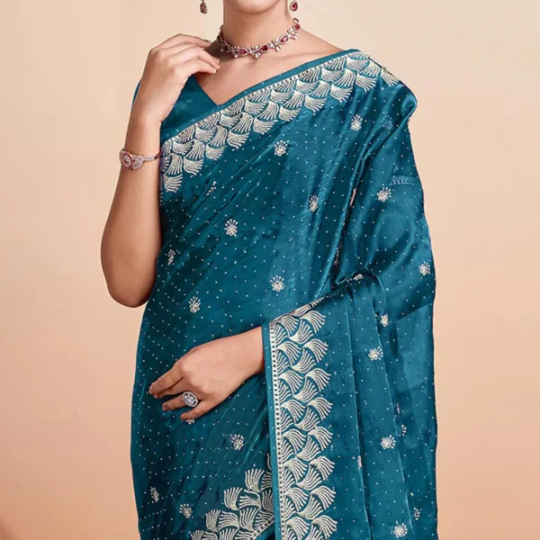 Teal Embroidered Tussar Silk Saree - Image 7