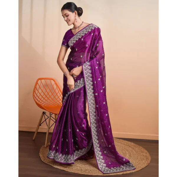 Purple Embroidered Tussar Silk Saree - Image 6