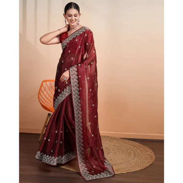 Wine Embroidered Tussar Silk Saree - Image 5