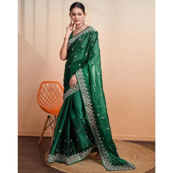 Green Embroidered Tussar Silk Saree - Image 4