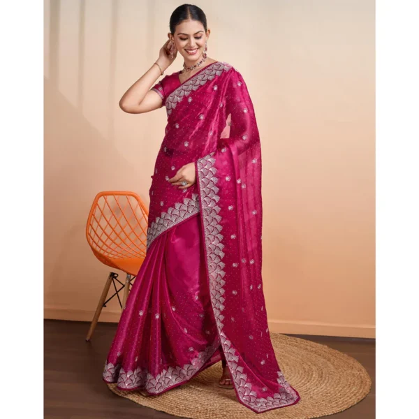Pink Embroidered Tussar Silk Saree - Image 5