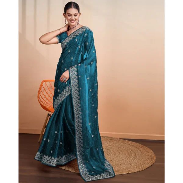 Teal Embroidered Tussar Silk Saree - Image 6
