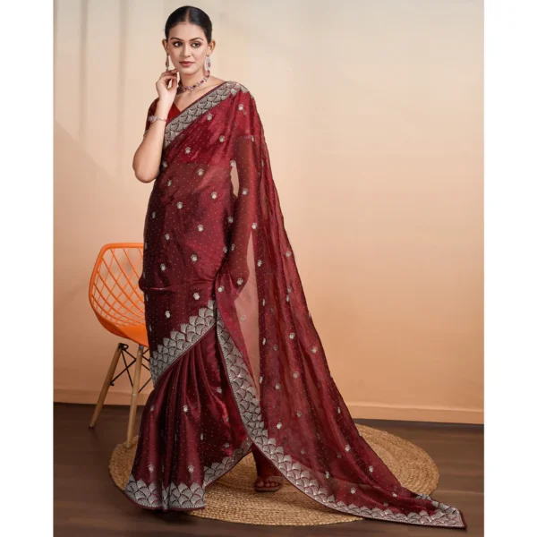 Wine Embroidered Tussar Silk Saree - Image 4
