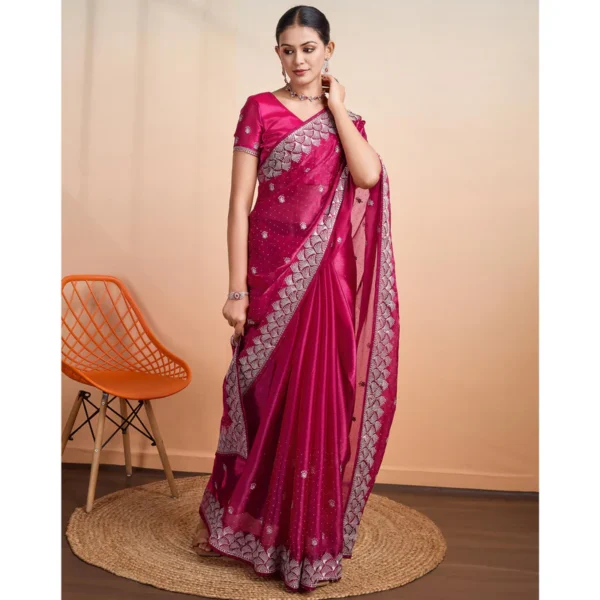 Pink Embroidered Tussar Silk Saree - Image 4