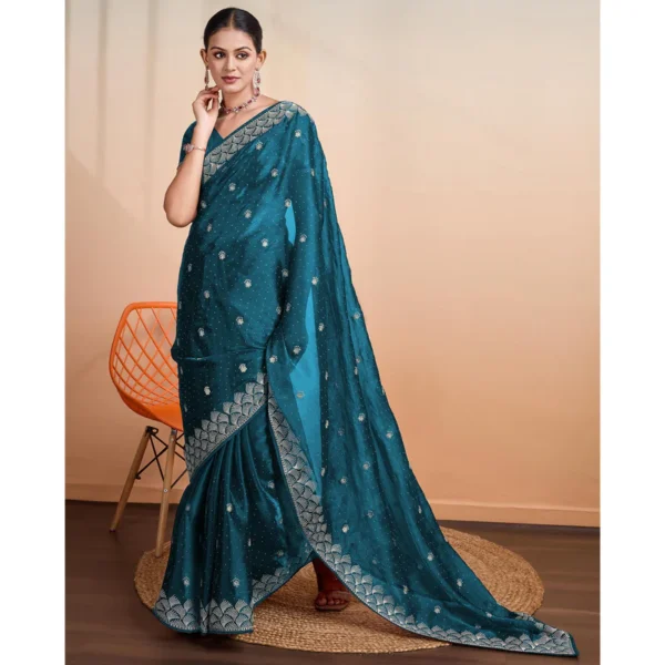 Teal Embroidered Tussar Silk Saree - Image 5