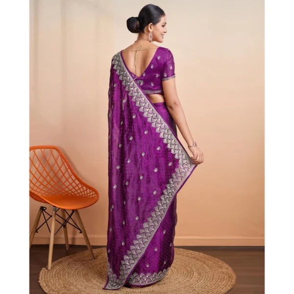 Purple Embroidered Tussar Silk Saree - Image 5
