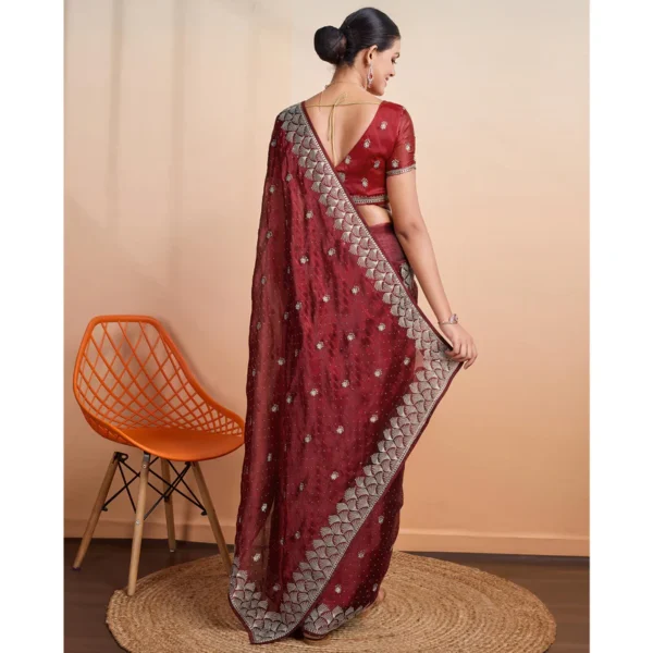 Wine Embroidered Tussar Silk Saree - Image 3