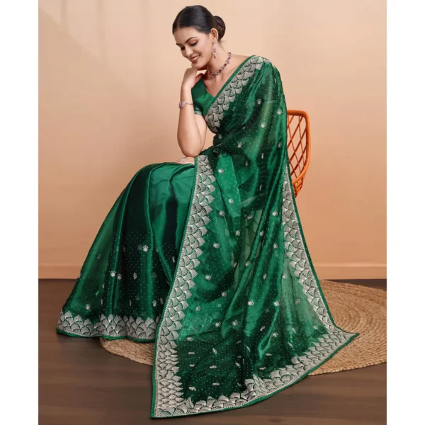 Green Embroidered Tussar Silk Saree - Image 3