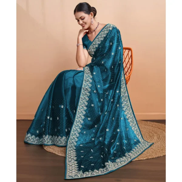 Teal Embroidered Tussar Silk Saree - Image 4