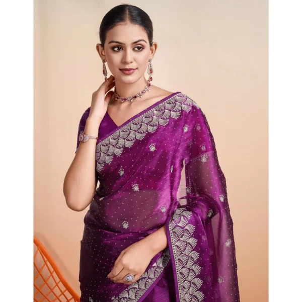 Purple Embroidered Tussar Silk Saree - Image 4