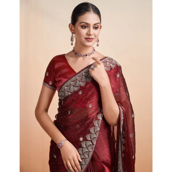 Wine Embroidered Tussar Silk Saree - Image 2