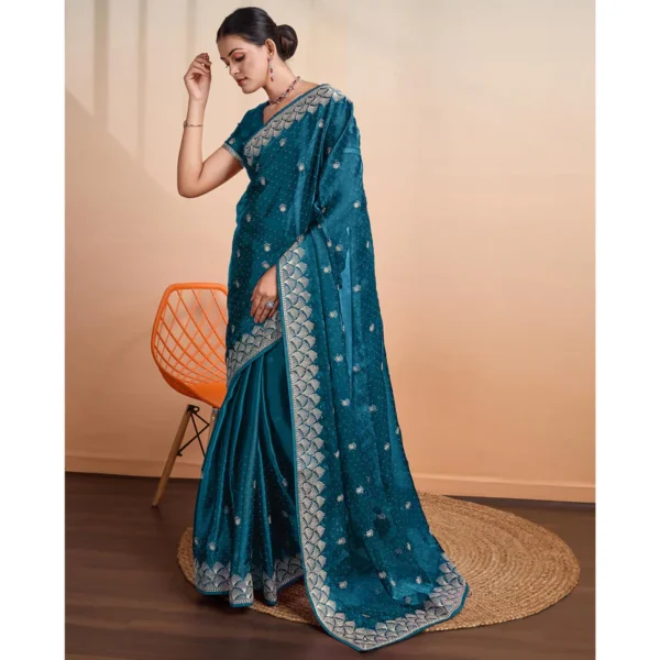 Teal Embroidered Tussar Silk Saree - Image 3