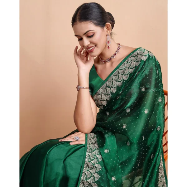 Green Embroidered Tussar Silk Saree - Image 5