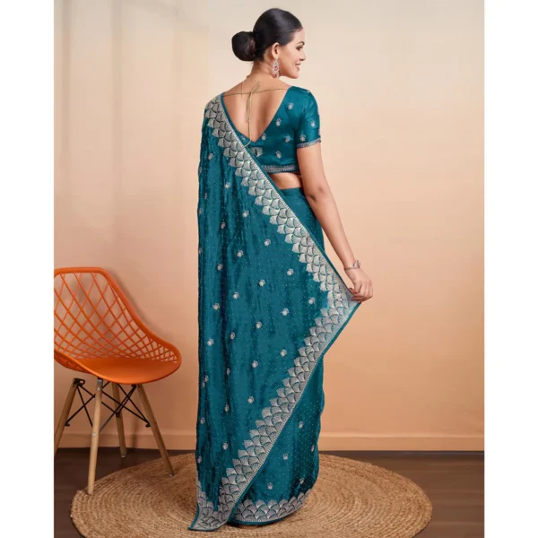 Teal Embroidered Tussar Silk Saree - Image 2