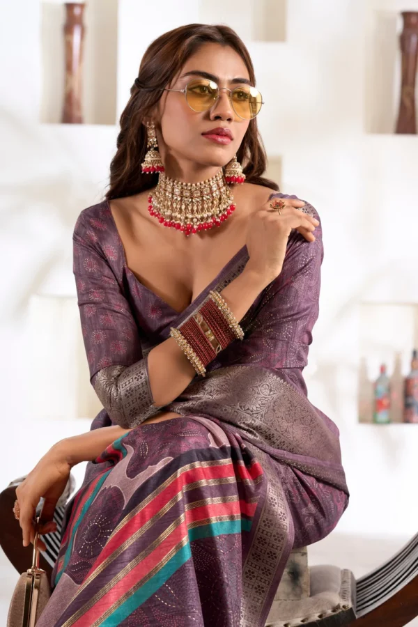 Rose Dust Purple Soft Dola Silk Saree - Image 3