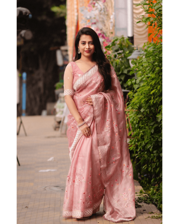 Ak-Rashmi Organza Saree with White Thread and Multicolor Work