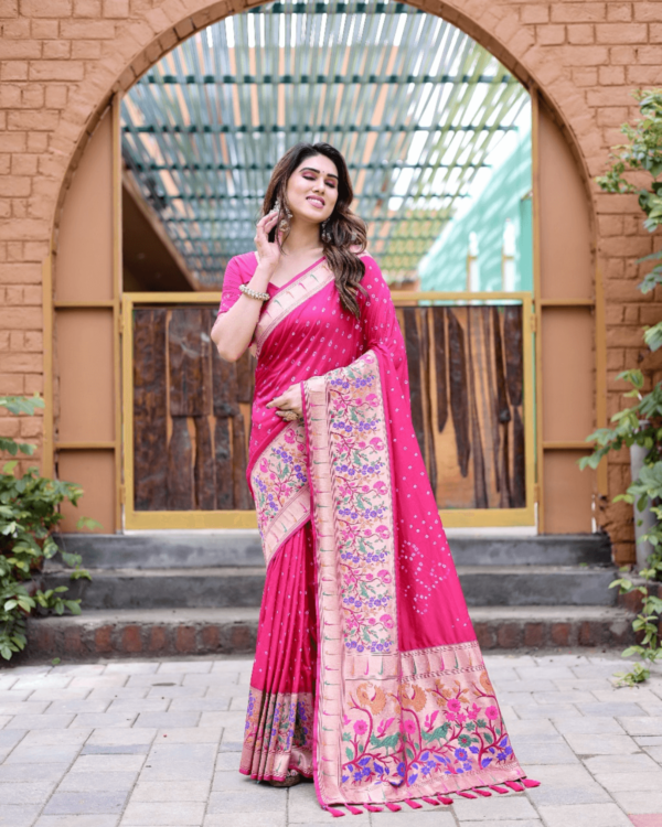 Rambha Bandhej Paithani Silk Saree with Zari Weaving and Matching Blouse