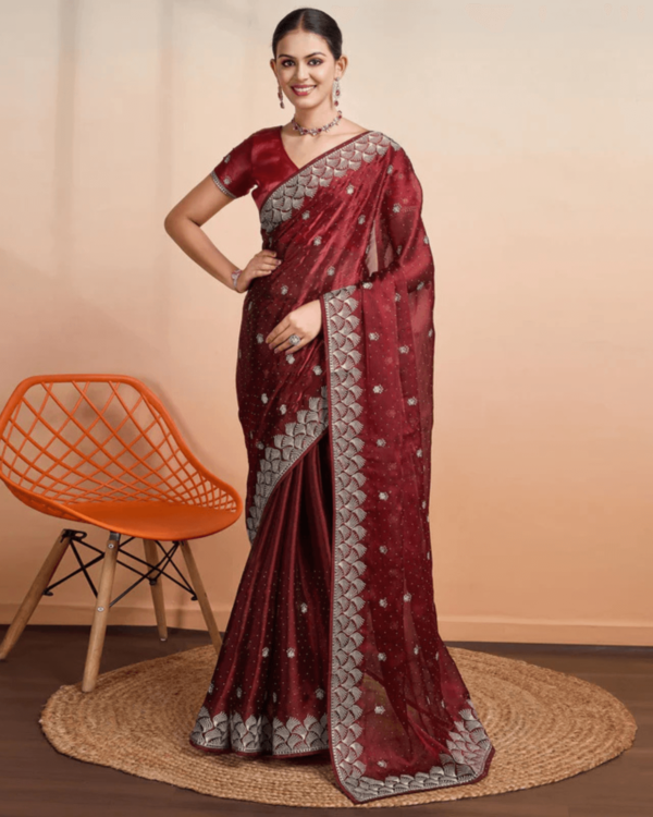 Wine Embroidered Tussar Silk Saree