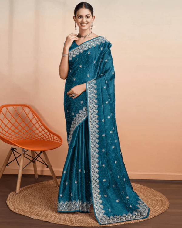 Teal Embroidered Tussar Silk Saree