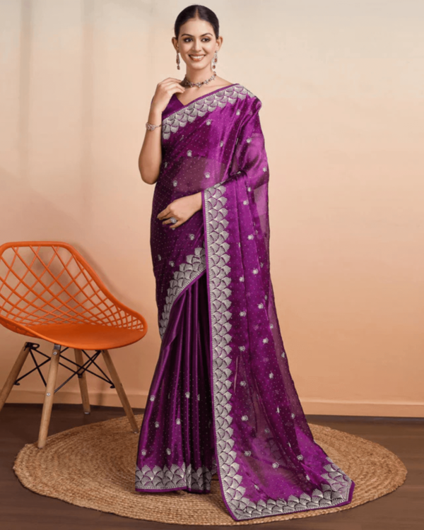 Purple Embroidered Tussar Silk Saree