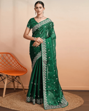 Green Embroidered Tussar Silk Saree