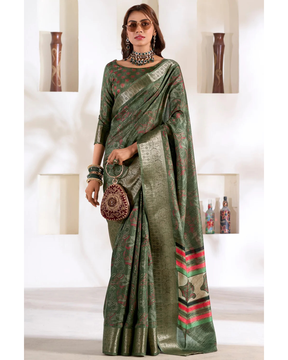 Hemlock Green Soft Dola Silk Saree for Festive Wear
