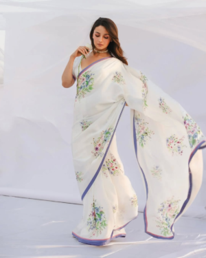 Creamy Linen Saree with Digital Flower Print