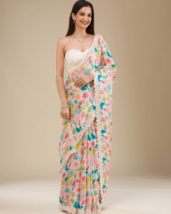White Threadwork Georgette Saree for Weddings and Parties