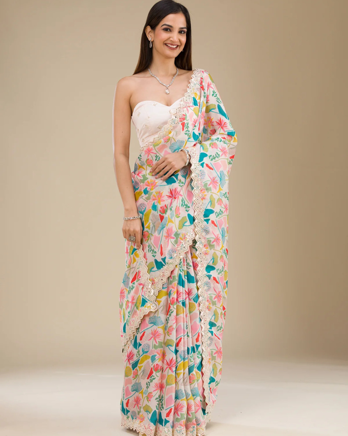 White Threadwork Georgette Saree for Weddings and Parties