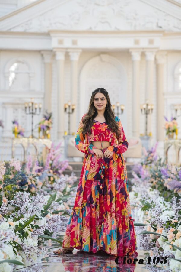 Koti Style Indo-Western Suit with Printed Crop Top, Sharara, and Shrug