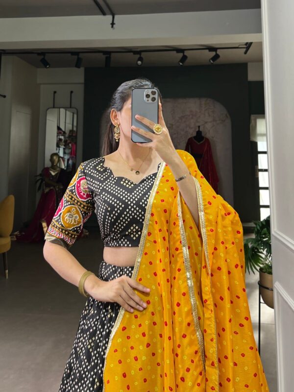 Tussar Silk Lehenga Choli with Bandhej and Patola Print