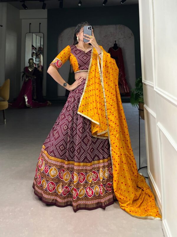 Tussar Silk Lehenga Choli with Bandhej and Patola Print