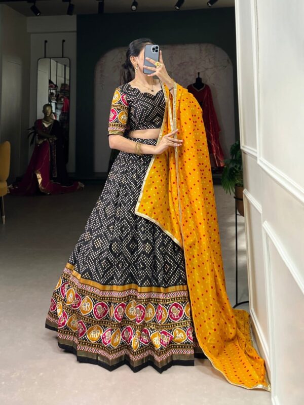 Tussar Silk Lehenga Choli with Bandhej and Patola Print