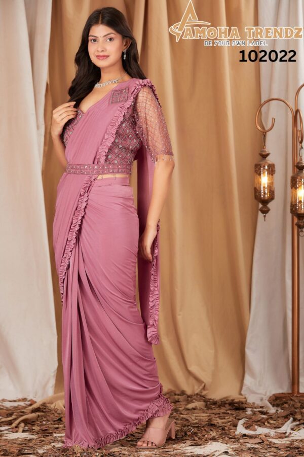 Ready-to-Wear Saree with Embroidered Blouse and Frilled Border