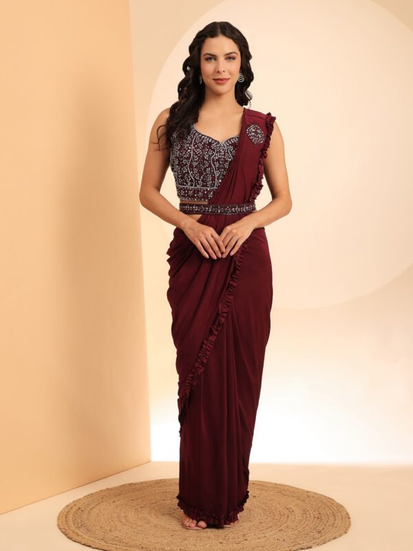 Amoha Ready-to-Wear Saree with Mirror Work Blouse and Frilled Border