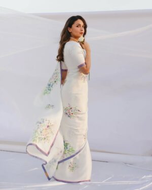 Creamy Linen Saree with Digital Flower Print