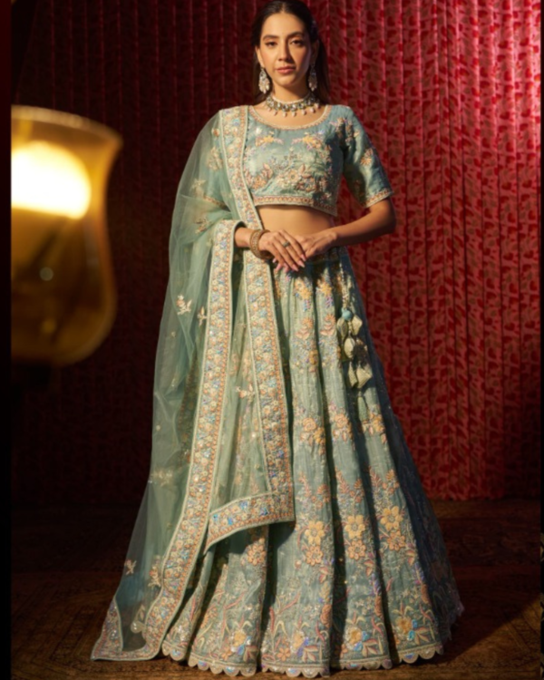 Turquoise Organza Lehenga - Image 4