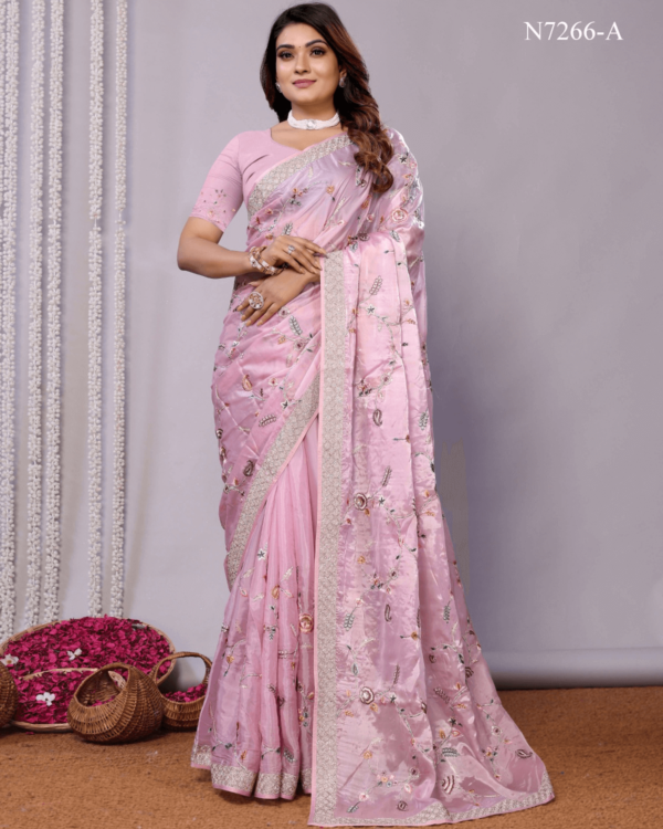 Pink Satin Silk Saree with Sequence Embroidery and Stone Work