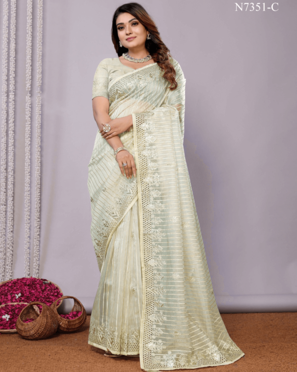 Pink and Green Silk Saree with Heavy Thread Embroidery