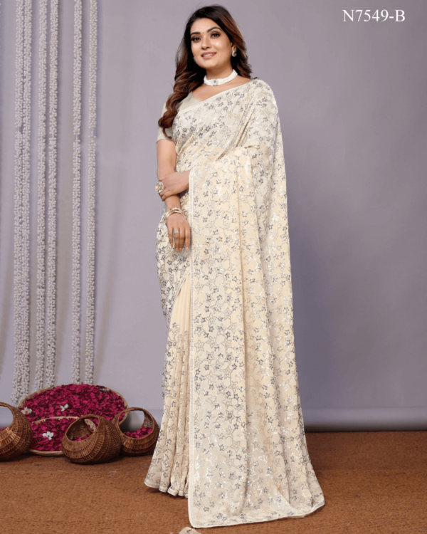 Pink, White, and Sky Blue Georgette Saree with Sequence Work