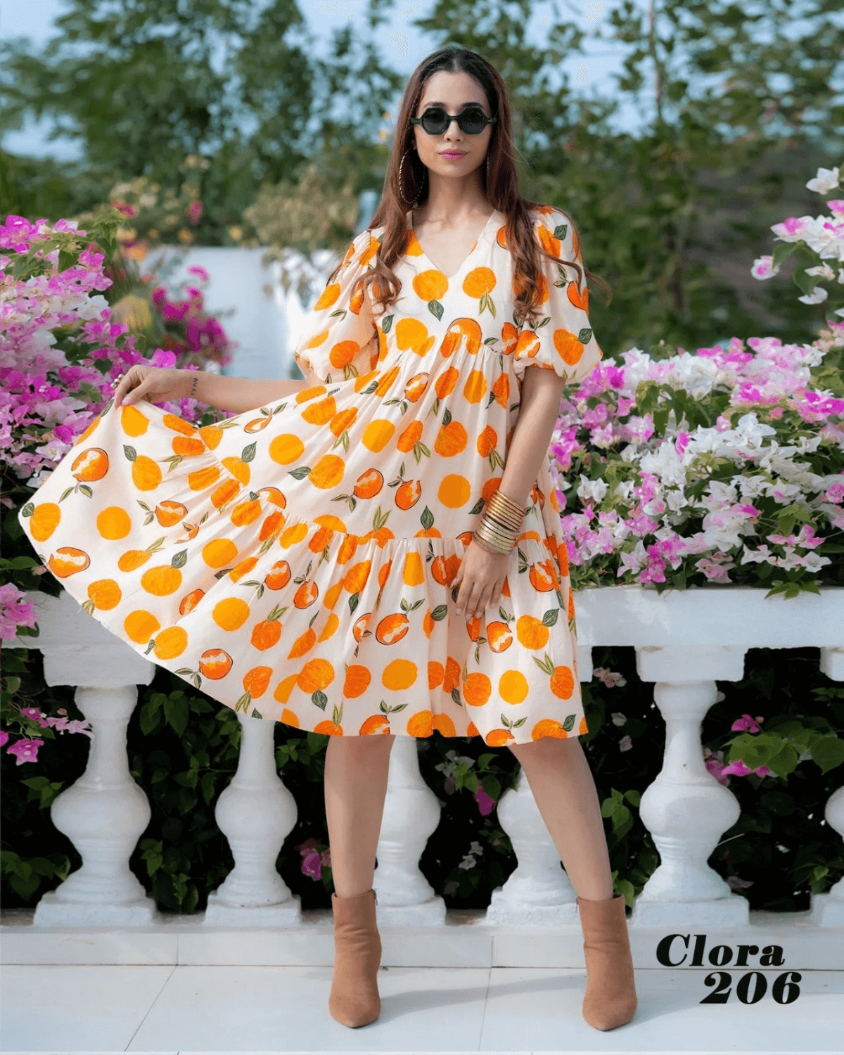 Elegant heavy rayon digital printed dress with full-round flair